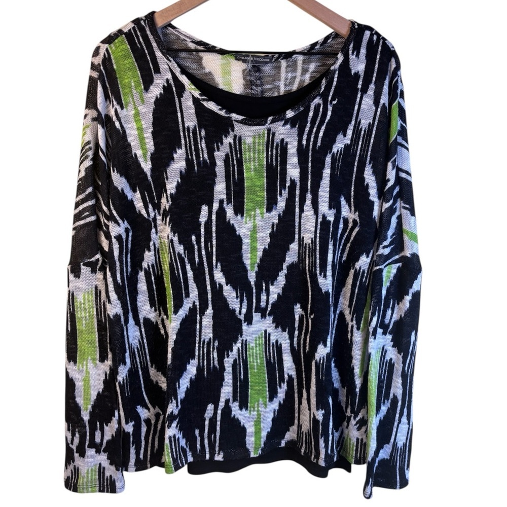 Chelsea & Theodore Black and Green Abstract Ikat Print Long Sleeve Top
